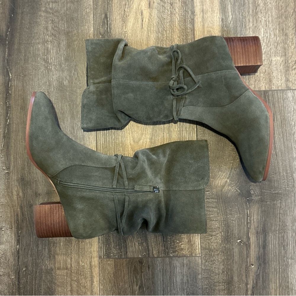 Violet & Red Janine Boho Mid Calf Suede Leather Boot, Olive / Sage Green, Sz 10 - Picture 3 of 10